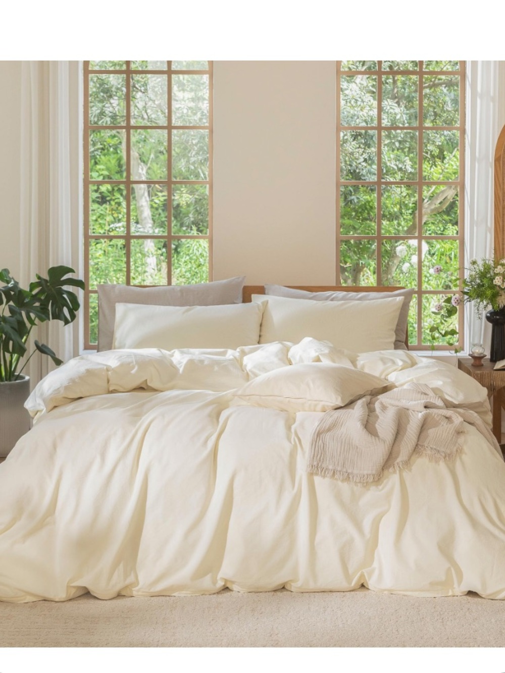 KING Neutral Duvet 3Pc Set 100% Washed Cotton Linen-Like - CREAM